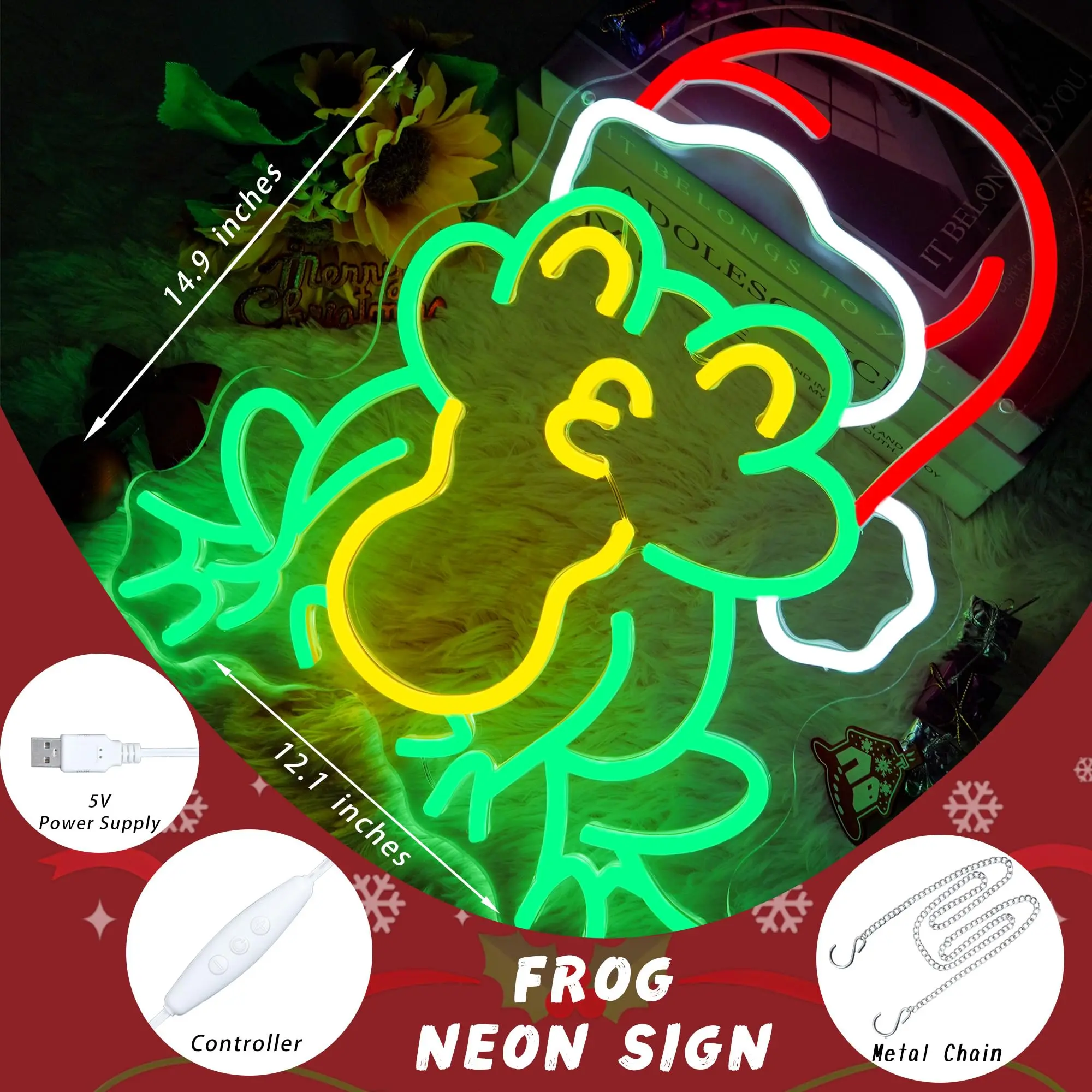 Christmas Frog Neon Sign for Wall Decor Dimmable Frog with Santa Hat Lights Xmas Light Up Sign Winter Wall Art for Room Decor