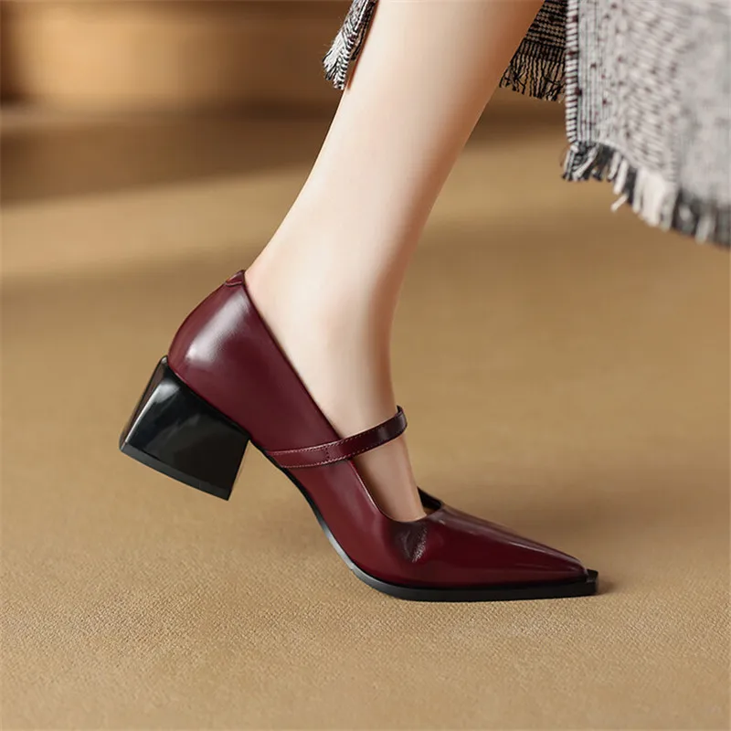 New Spring Split Leather Women Shoes Pointed Toe Women Pumps Fashion Retro Mary Jane Shoes for Women High Heels Ladies Shoes