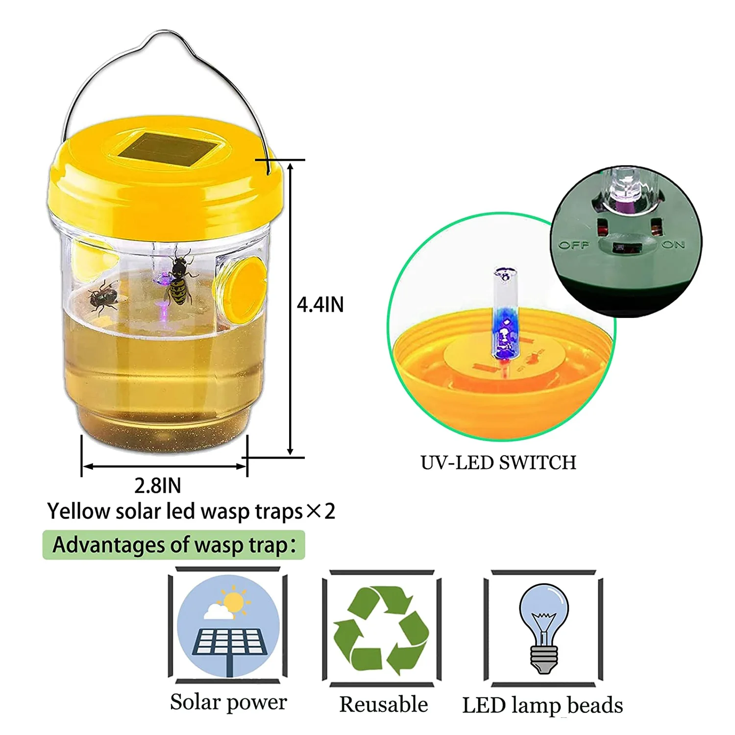 2 pak perangkap tawon surya gantung luar ruangan, kulit Wasp gantung dengan lampu kuning, Hornet, lebah, perangkap tawon