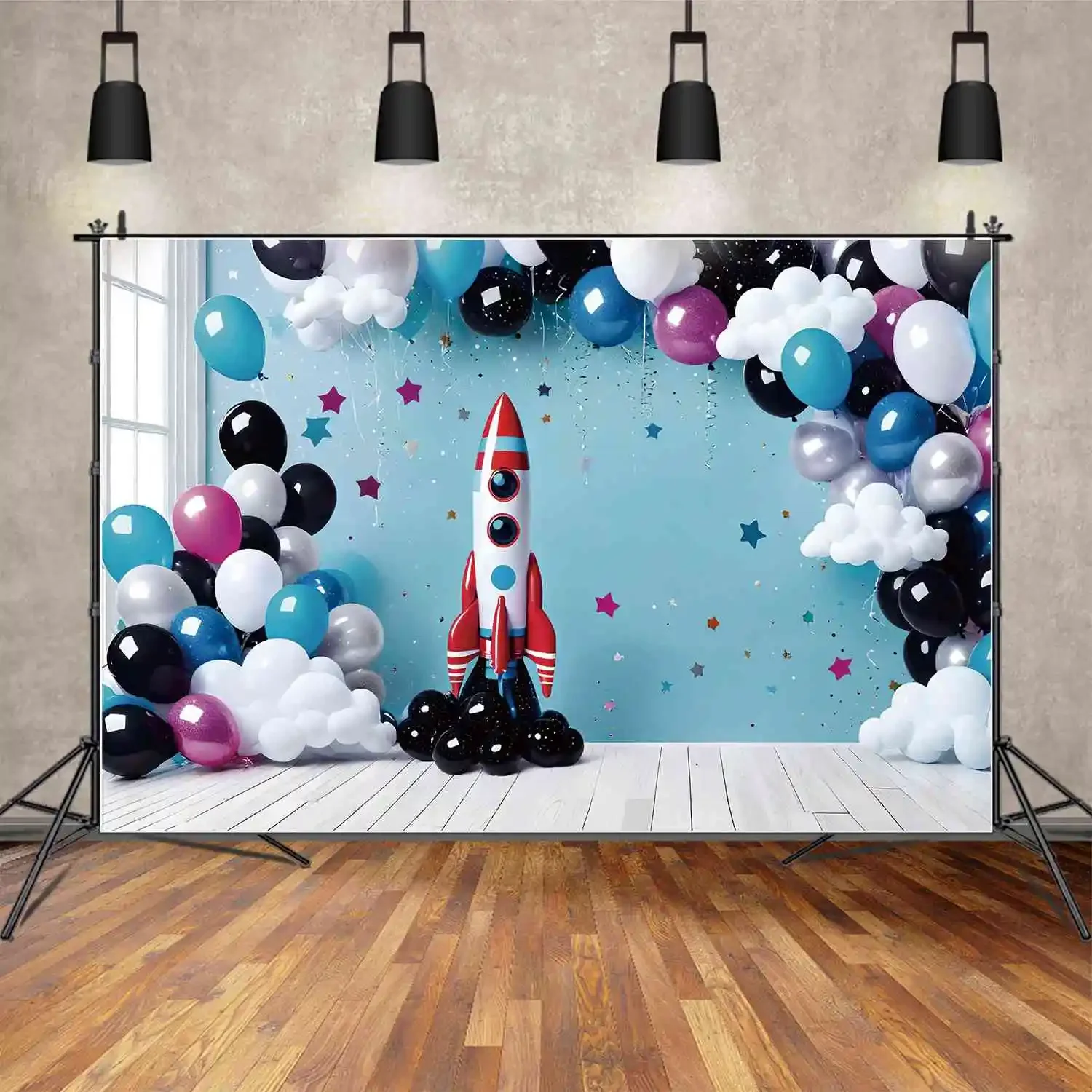 Фон MOON.QG для фотосъемки мальчиков на день рождения, фон для фотосъемки на заказ, с изображением ракеты, звезд, облаков, воздушных шаров, декорация, фотозон, реквизит для фотосъемки