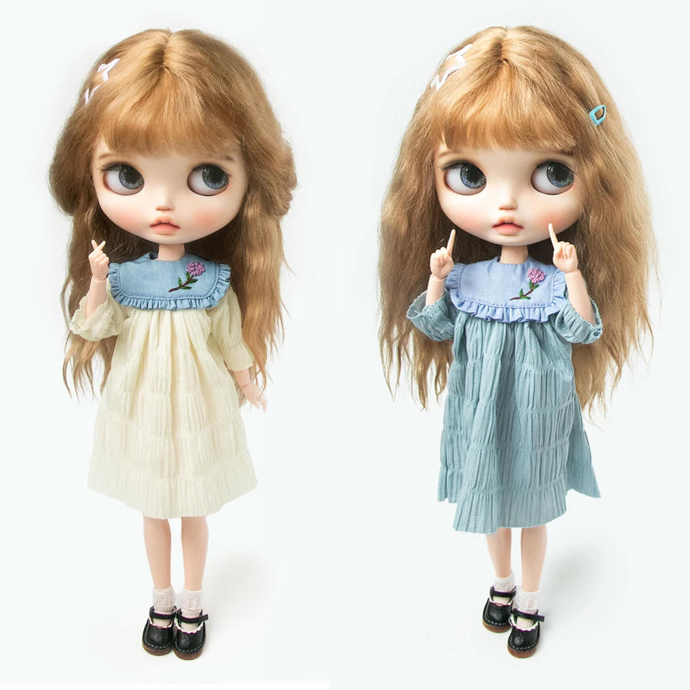 Blythe roupas meia manga colorblock vestido princesa solto vestido floral para ymy licca azones ob22 24 27 ker ymy boneca acessórios