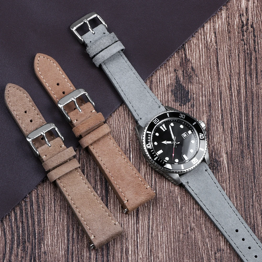 Suede Genuine Leather Watchband 20mm 22mm for Seiko Sued Strap for HuaweiGt2/3/4 for Samsung Vintage Handmade Stitching Bracelet