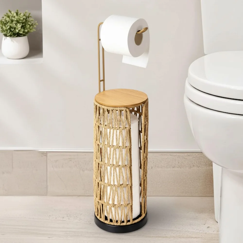 

Freestanding Toilet Paper Holder with Storage, 3-Roll Rattan Bathroom Organizer, Farmhouse Decor for Small Spaces