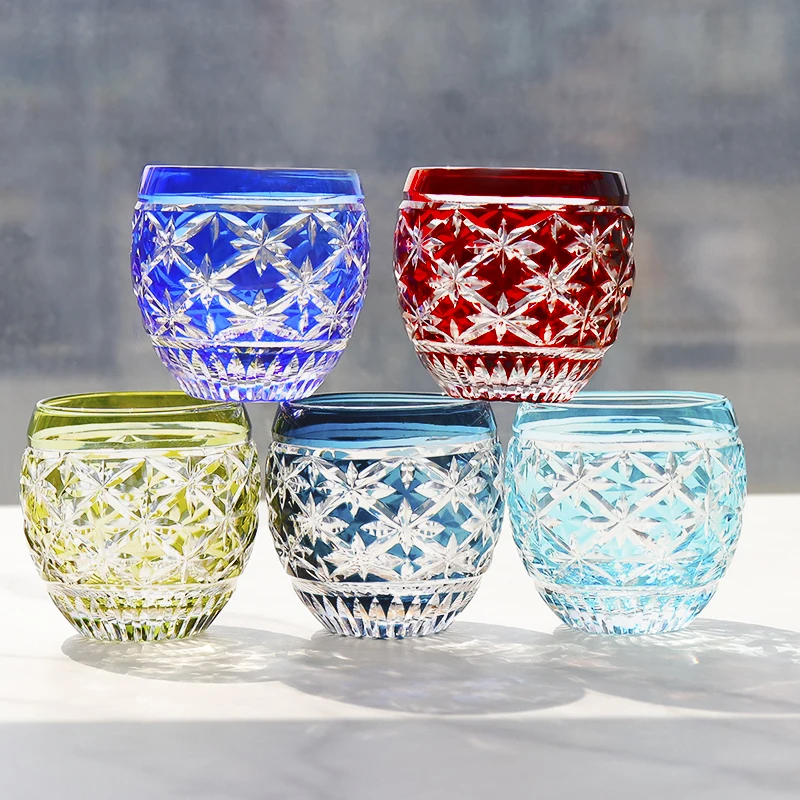 Japanese Edo Kiriko Color Crystal Shot Glass Sake Cups Hand Engrave Bright Stars Small Wine Glasses Vodka Spirit Liquor Tumbler