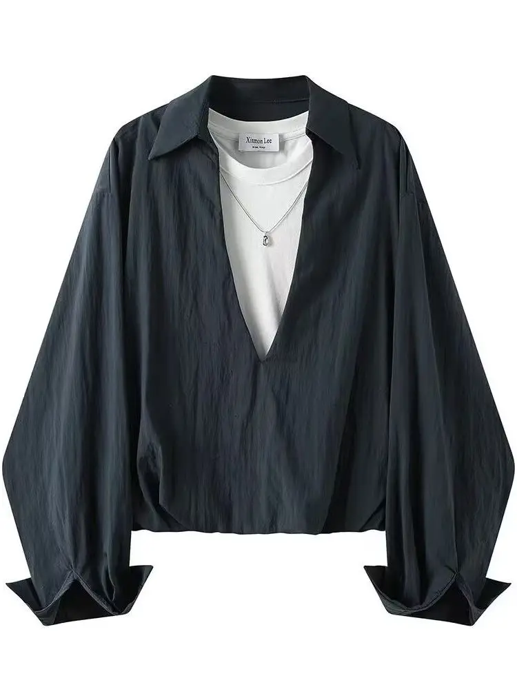 

plus Size 300 Pou Women's irt V-ne Fake Two-piecer Long Sve Loose Design Commute Sle Autumn Season Ladies' Faion