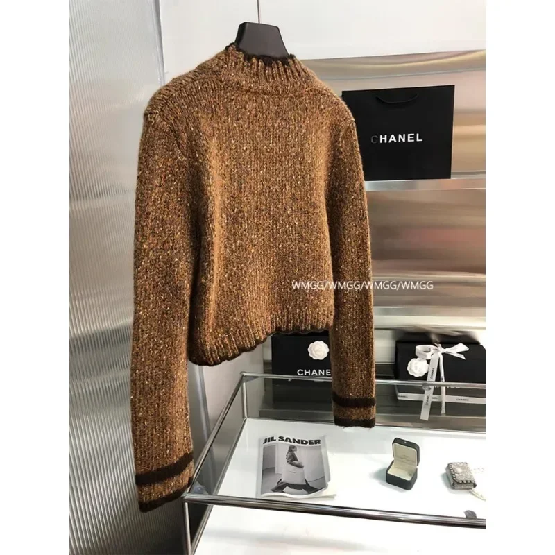 Retro Coffee Color Sweater Overoat for Women 2024 New Loose Women's Autumn V-neck Long Sleeve Wool Knitted Cardigan Coat Female