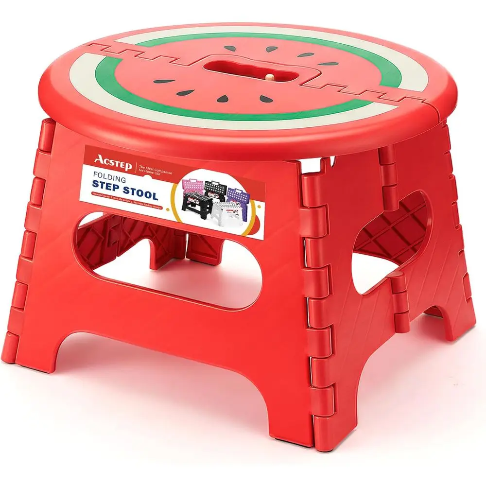 Collapsible 9 Inch Step Stool, Holds 265 lbs, Non-Slip, with Handle, Ideal for Kitchen, Bathroom, Bedroom, Outdoor - Watermelon