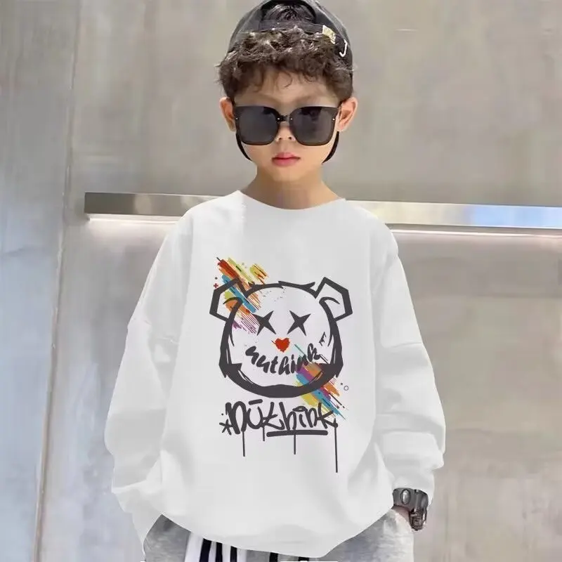 

Толстовки с капюшоном для мальчиков с мультяшным принтом, осенне-зимняя футболка с длинным рукавом и граффити, хлопковая спортивная одежда, детская одежда, топ с круглым вырезом