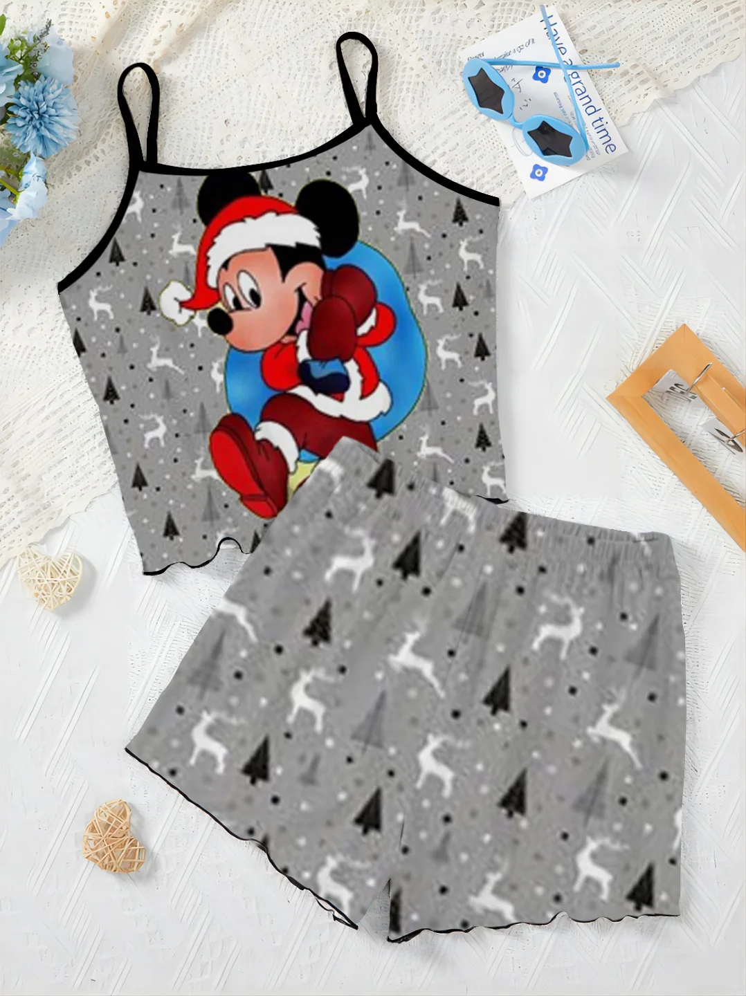 Elegant Women's Sets Lettuce Trim Home Dress Christmas Mickey Minnie Mouse Top Pajama Skirt T-shirt Disney Pieces Short Suit Top