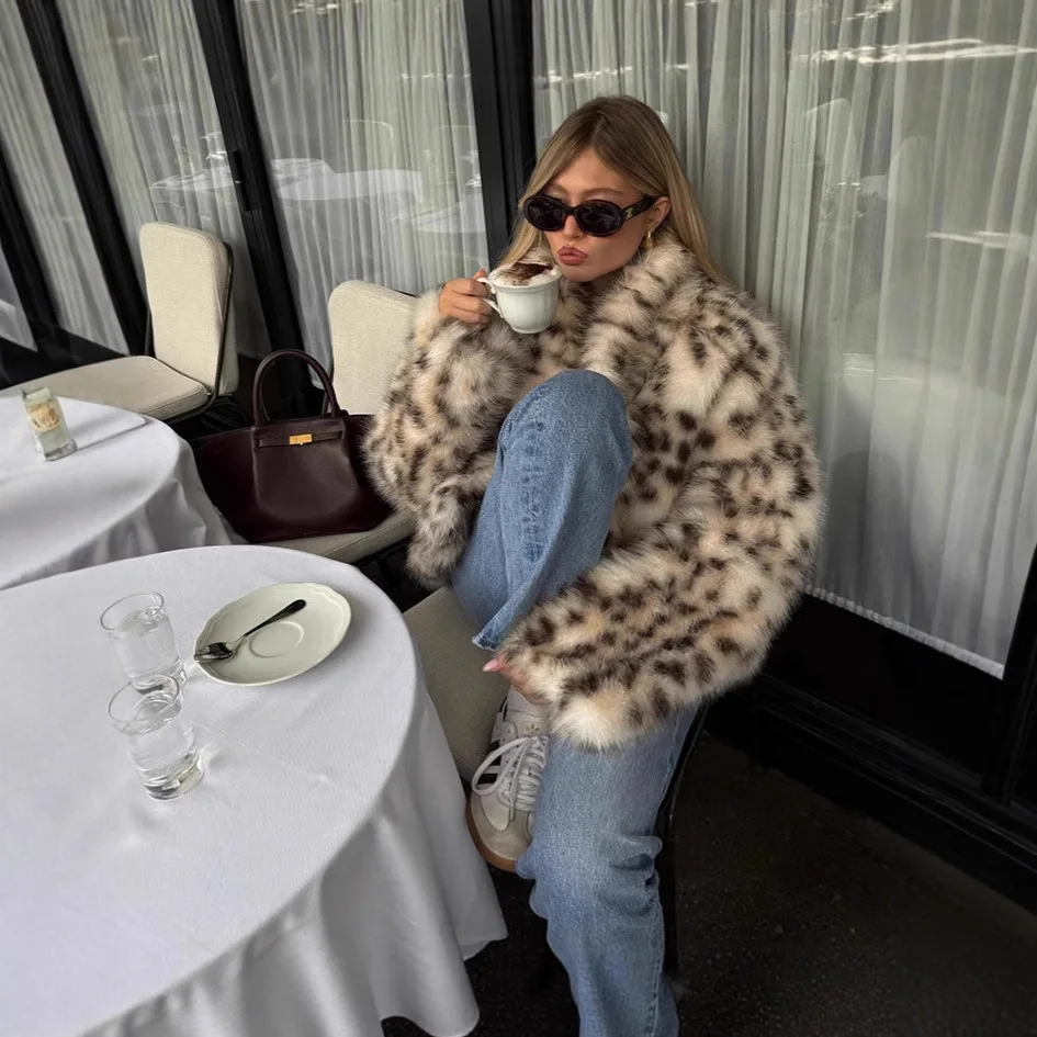 Mantel Bulu Imitasi Wanita Mantel Kasual Kerah Lipat Lengan Panjang Motif Leopard Jahitan Terbuka Jaket Tebal Hangat Pakaian Jalanan Musim Dingin