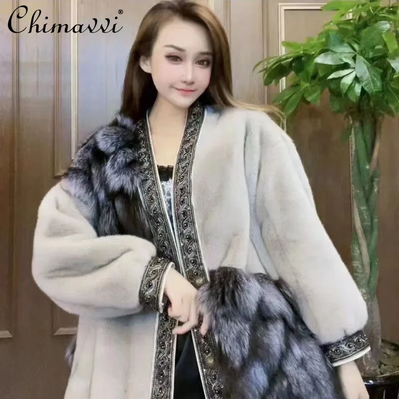 2024 Winter New High-End Fox Fur Jacket Heavy Industry Beaded Long Sleeve Loose Thick Slimming Temperament Women\'s Fur Coat