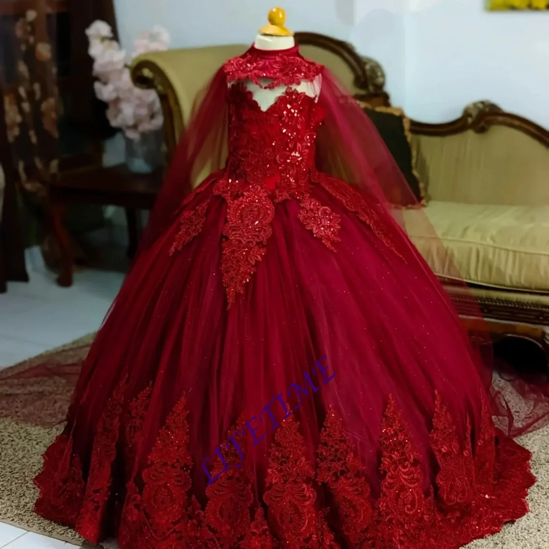 

Dark Red Flower Girl Dresses For Wedding Appliqued Burgundy Girls Birthday Party Gowns Baby Children Princess Outfit Customized