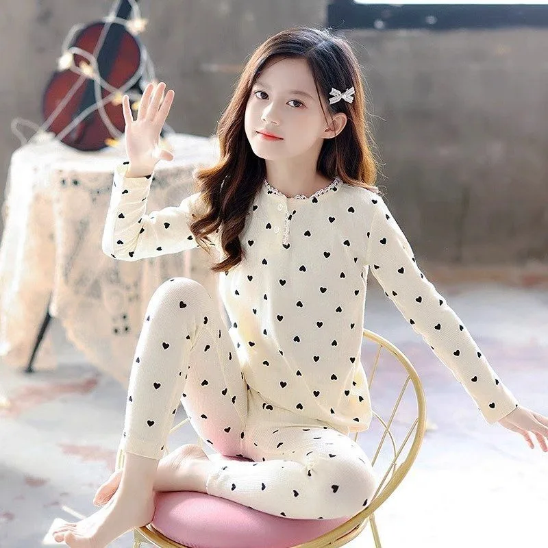 Girls' Thermal Underwear Set Autumn Winter Dralon Warmth Medium Large Kids Homewear Innerwear Base Layer Warmth Comfort