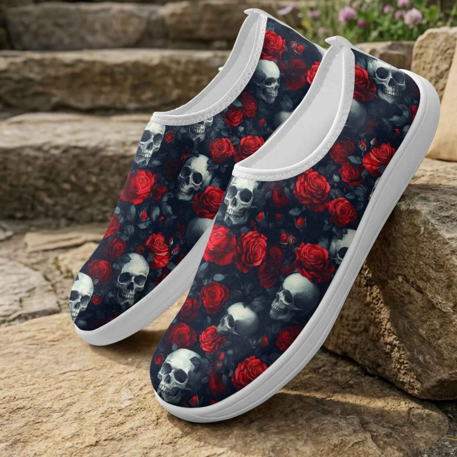 XIXIRIMIDO Women's Slip-on Wide-toed Shoe Nurse Shoes Men's Sneakers Casual Shoes Zapatillas de Mujer Tenis Feminino Rose Skull