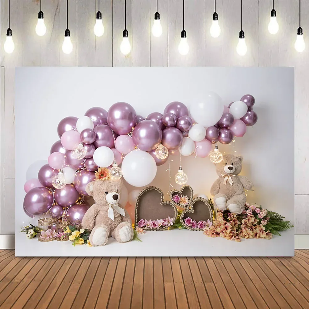 Purple Balloons Hearts Background for Photographic Pink Bow With Bears Decoration Love Hearts Photo Backdrop Photocall Banner