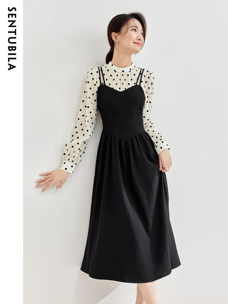 SENTUBILA 2 in 1 Midi Dresses for Women 2024 Spring New Elegant Flocking Dot Lyocell Blend Puff Sleeve Female Dress 133L51704