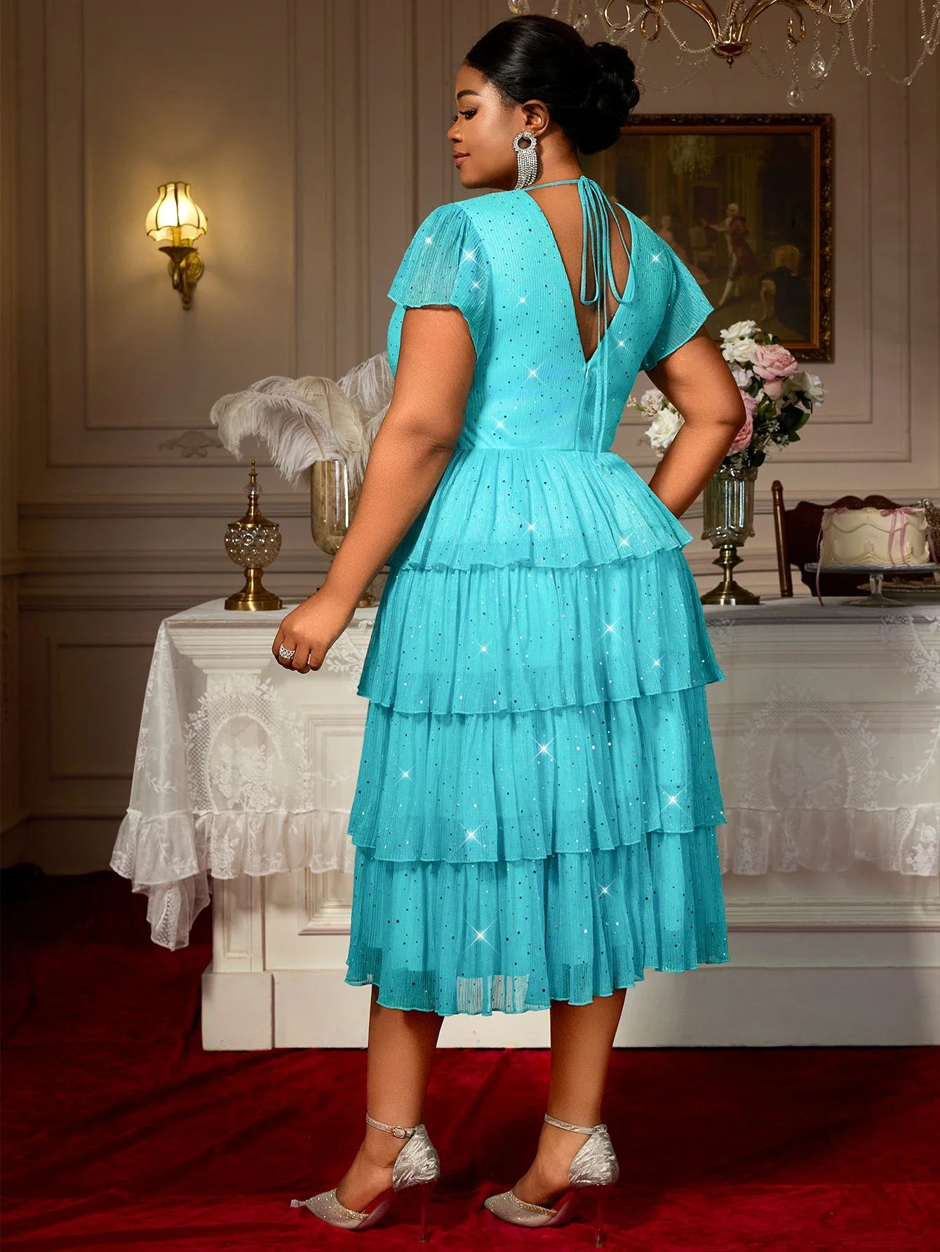 Women Plus Size Mesh Midi Dress V Neck Short Sleeves Sequins Layered Skirt Perfect for Wedding Guest Party or Special Occasions