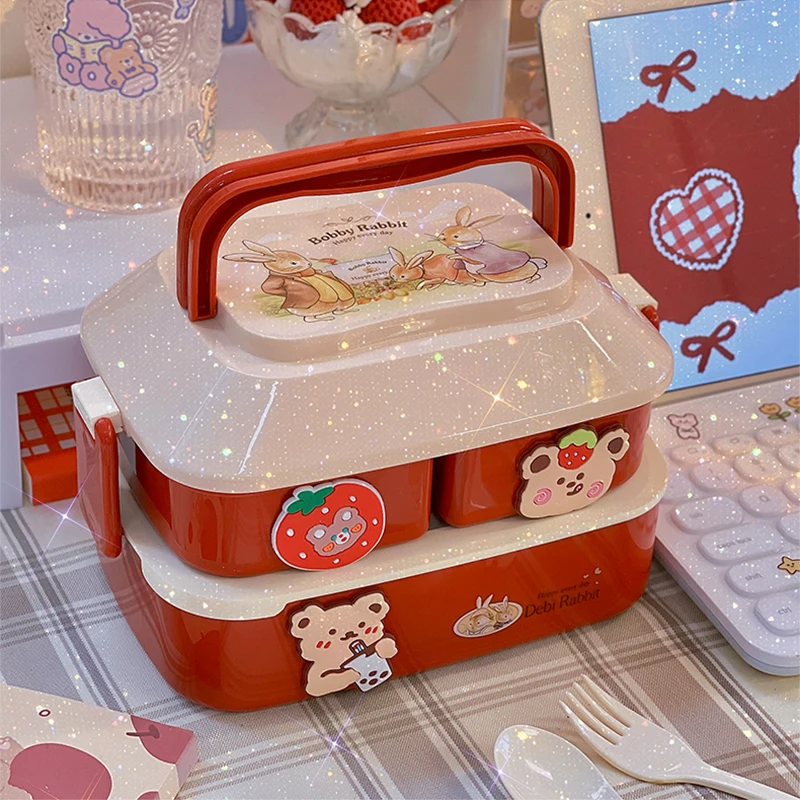 

Kawaii Lunch Box Double Student Bento Box Microwave Boxes Food Storage with Independent Box Cutlery for Camping Storage Box