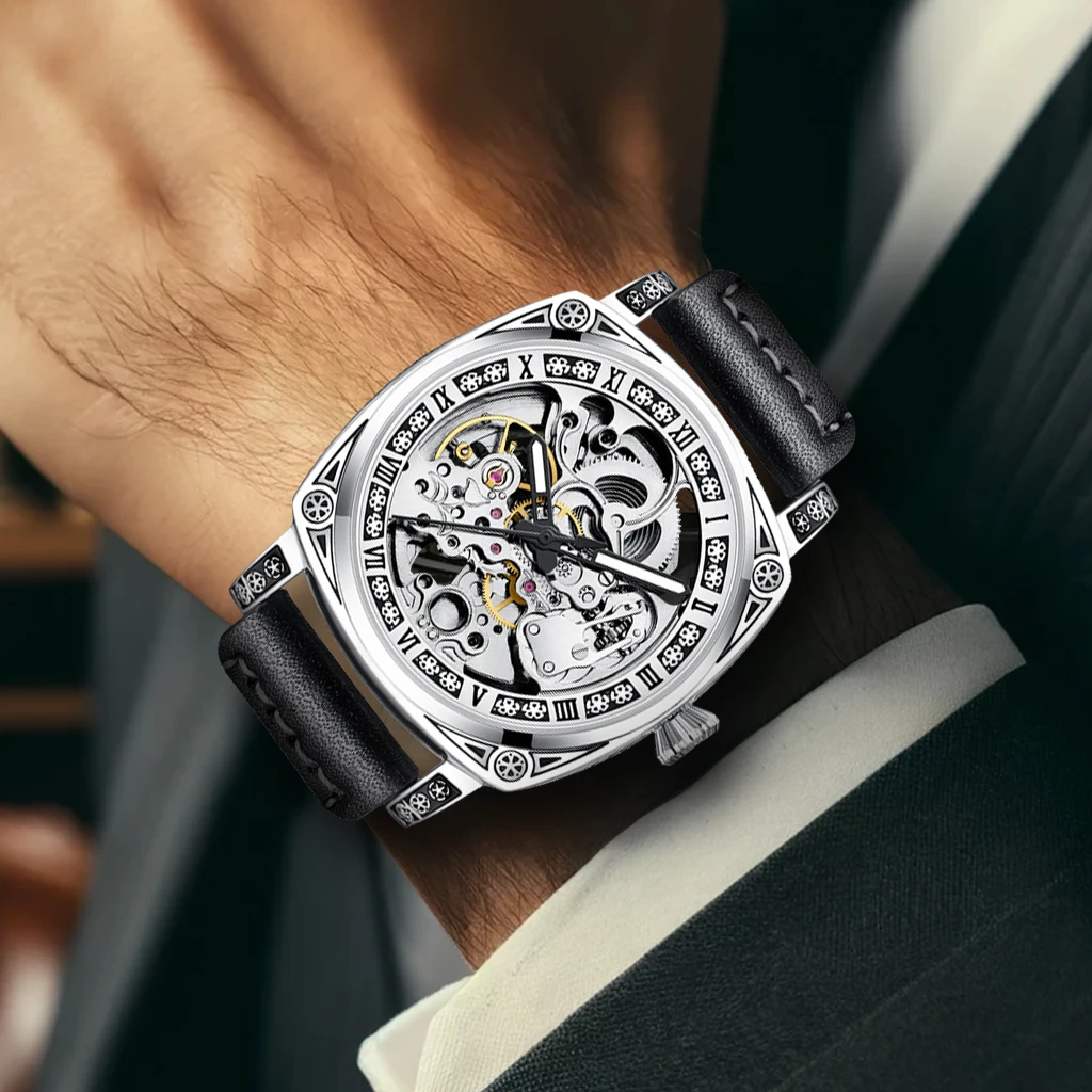 New men's watch with silver black belt, minimalist style, creative night light carving, fully automatic mechanical watch