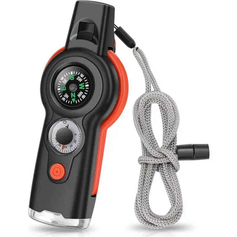  7in1 Emergency Survival Function Whistle Outdoor Multifunctional Survival Whistle with Lanyard Compass Flashlight Camping Hike 