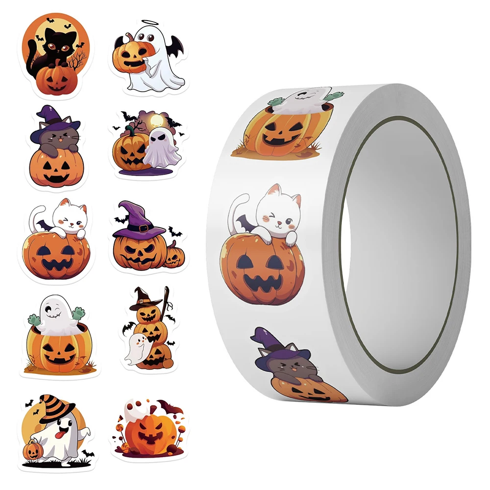 

500pcs/roll Kawaii Halloween Ghost Cartoon Stickers Kids Reward Sticker Gift DIY Notebook Phone Luggage Cute Graffiti Decals Toy