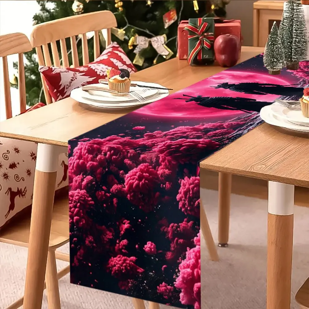 1 Piece of Table Runner with a Design of Samurai and Pink Moon and Red Clouds, Suitable for Farmhouse, Indoor, Kitchen, Celebrations, Table Decoration, Restaurant, and Banquet Decoration Supplies