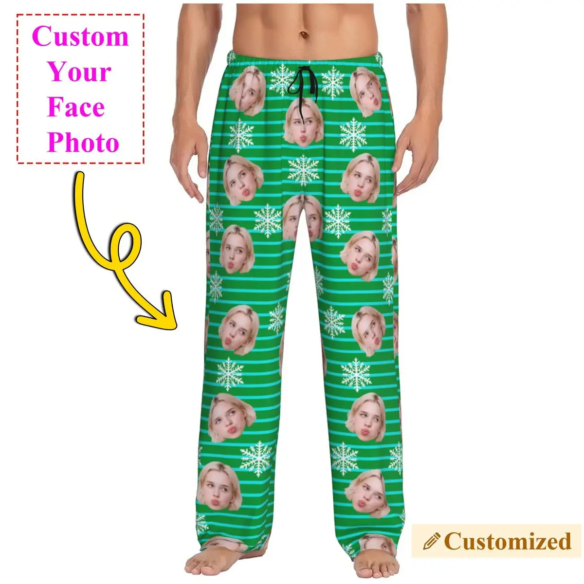 Christmas Face Photo Personalized Custom Pajama Pants Sleepwear for Men Elastic Waistband Sleep Lounge Bottoms with Pockets