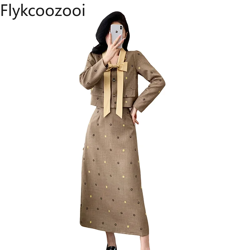 Autumn New Elegant Quality Light Luxury Set Bow Long Sleeve Top Skirt Two-piece Set Roupas Femininas Conjuntos Blazers