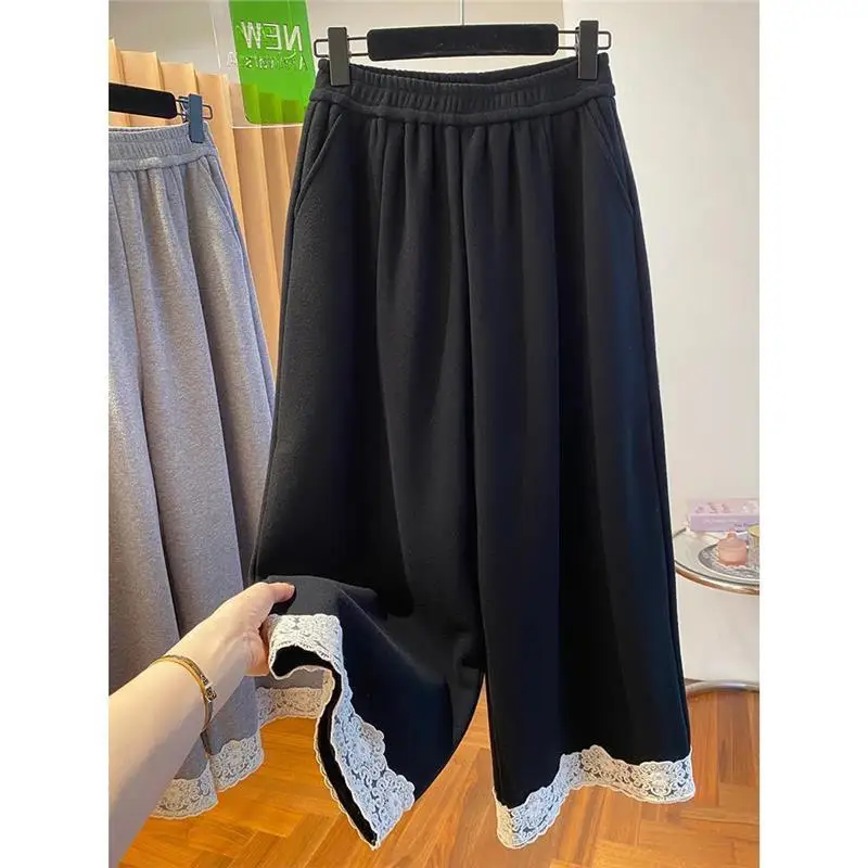 

Шерстяные брюки с высокой талией и широкими штанинами, с кружевными вставками, свободные, длинные, для мужчин и женщин, новинка весны, повседневные прямые брюки