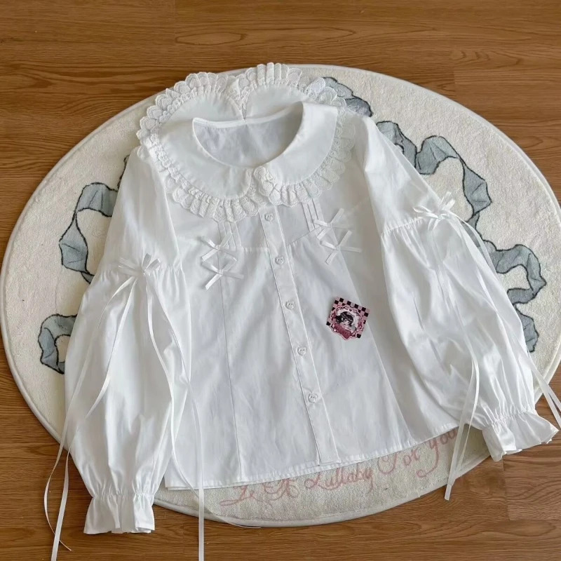 ديبتاون النمط الياباني Kawaii قمصان النساء الحلو القوس الأبيض لوليتا كشكش البلوزات خمر نمط Preppy الأصفر قميص طويل الأكمام