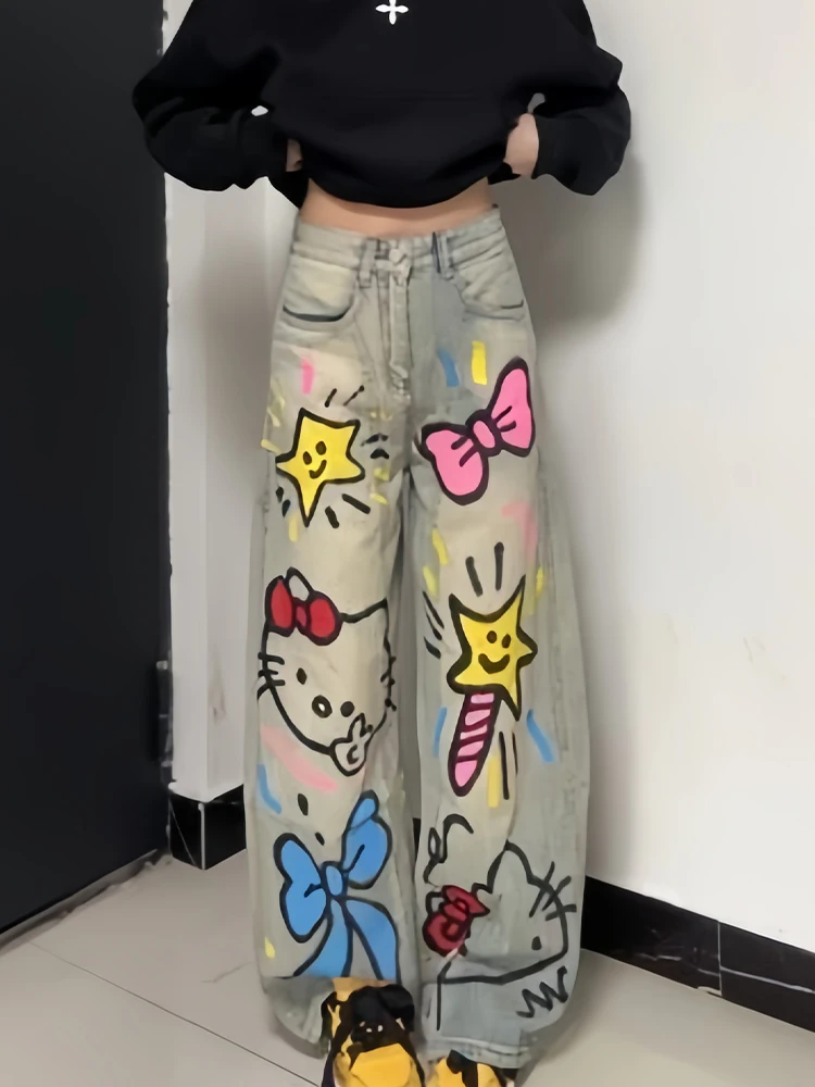 

Женские джинсы в американском стиле с рисунком девушки-граффити, ручная роспись, летние, новые, винтажный дизайн, брюки в пол