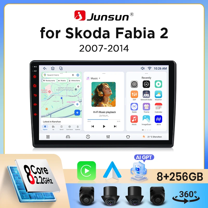 Junsun Wireless CarPlay Android Auto Autoradio für Skoda Fabia Mk2 (5J) 2007-2014 mit eingebautem Lüfter, Android GPS Navigation, Multimedia-Player, WiFi, DSP, RDS, BT, SWC, IPS Touchscreen,