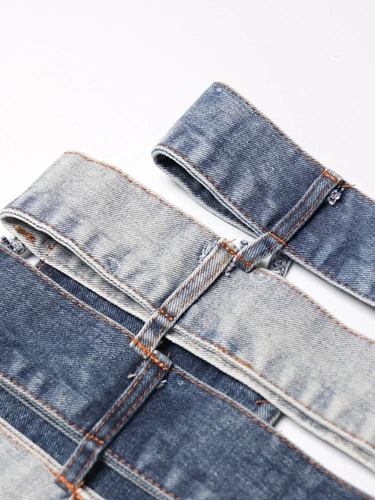 Gonne di jeans Patchwork scavate A vita alta monopetto Colorblock Slim Summer A Line Mini gonna aderente femminile