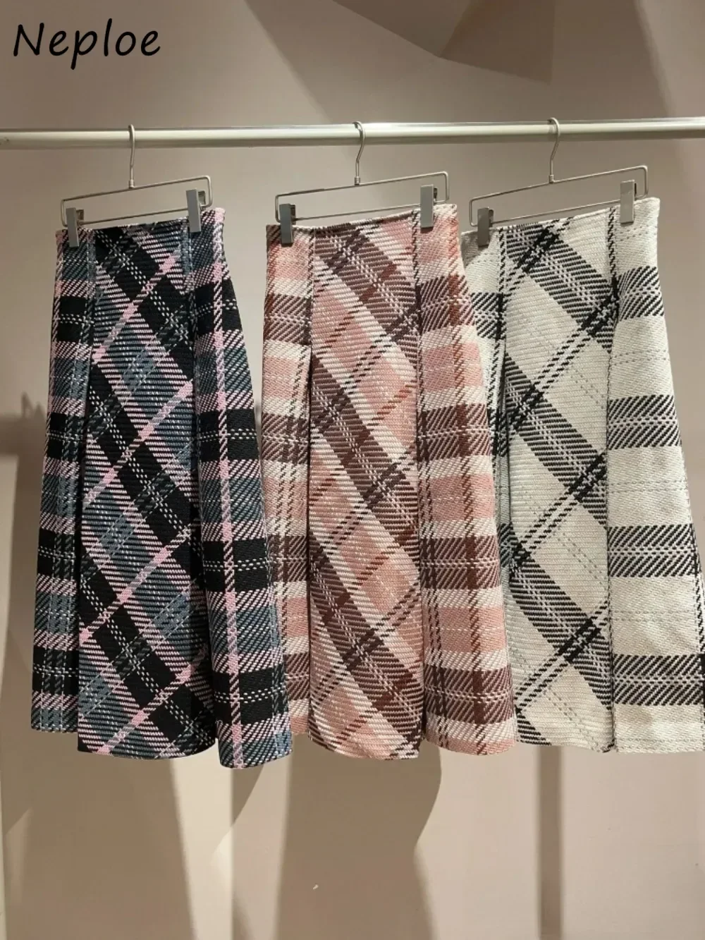 

Neploe Harajuku A-line Ruched Plaid Slim Moda Skirt Mid-length Wool Elegant All-match Faldas Japan New Exquisite Mujer Falda