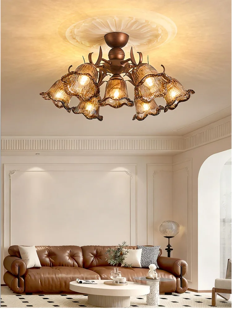 Creative Bedroom Dining Room Lamp Dark Flower Glass Shade Designer Style French Vintage Coffee Colour Living Room Ceiling Lamp