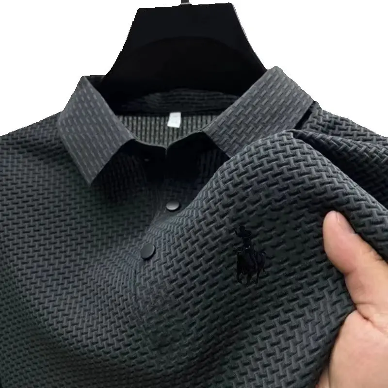 New Silk Knitted Hollow Polo Shirt Korean Edition Men's Summer Fashion Business Leisure Cool and Breathable Short Sleeved Top