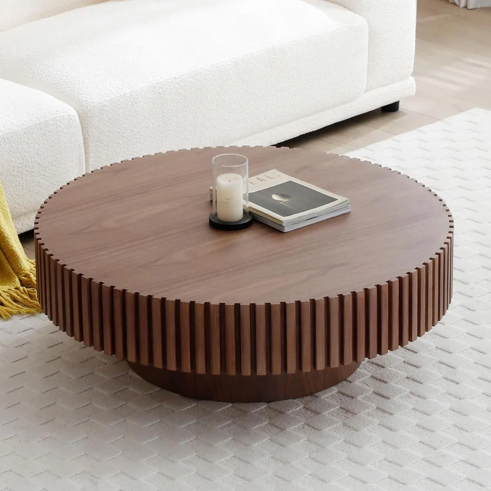 31.49" Walnut Round Coffee Table Wood, Modern Fluted Coffee Table for Living Room, Contemporary Low Circle Center Table Side Tab