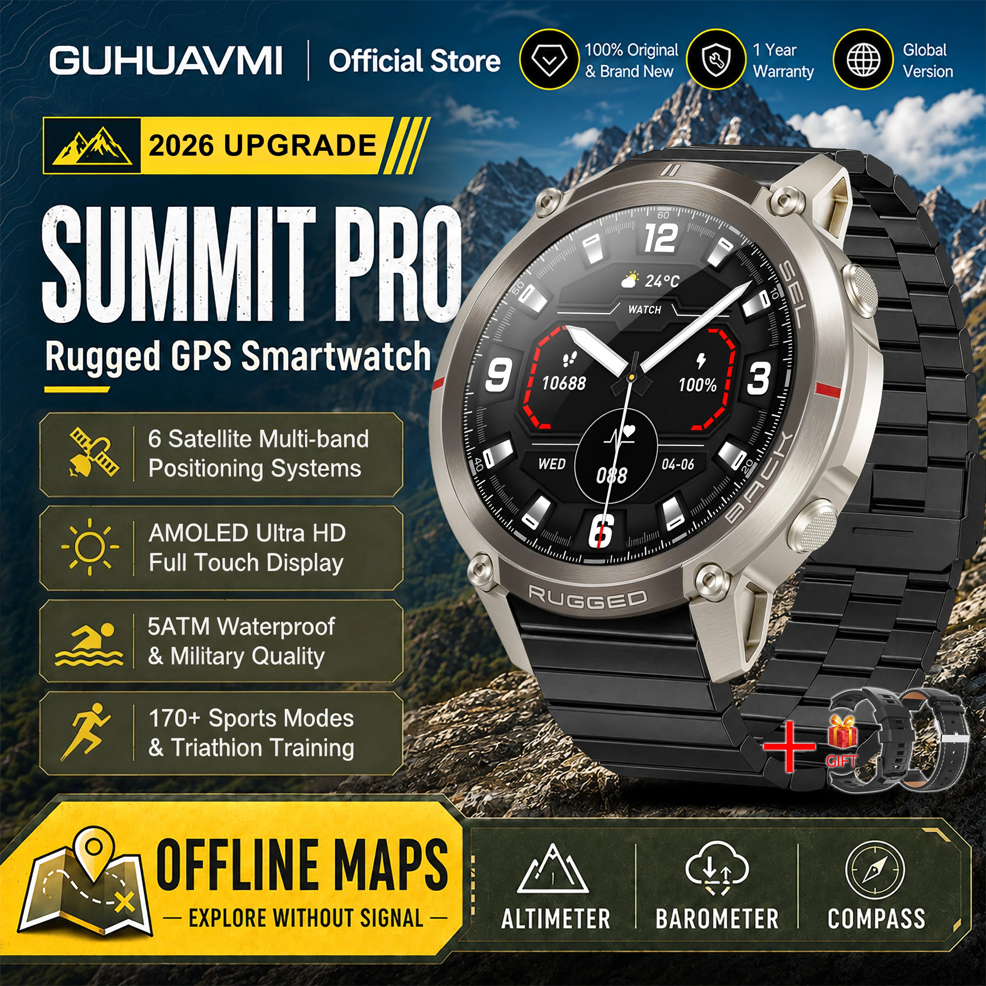 2026 Militärische Satelliten-Offline-Karten-GPS-Smartwatch für Herren 1,43'' AMOLED Bluetooth-Anruf Kompass 5ATM Wasserdicht 170+ Sportarten Smartwatch