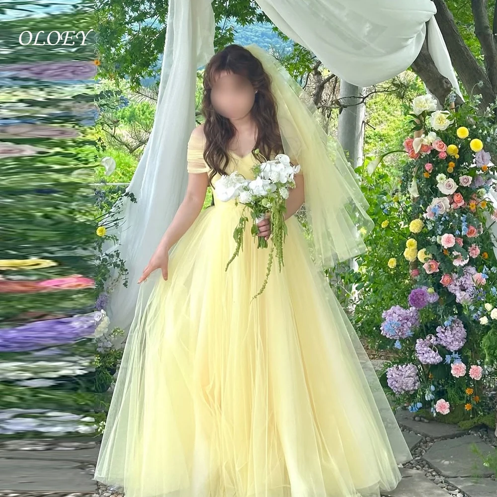 

OLOEY Bright Yellow Korean Prom Dresses Soft Tulle Off the Shoulder Evening Party Dresses Wedding Photo Shoot Dresses