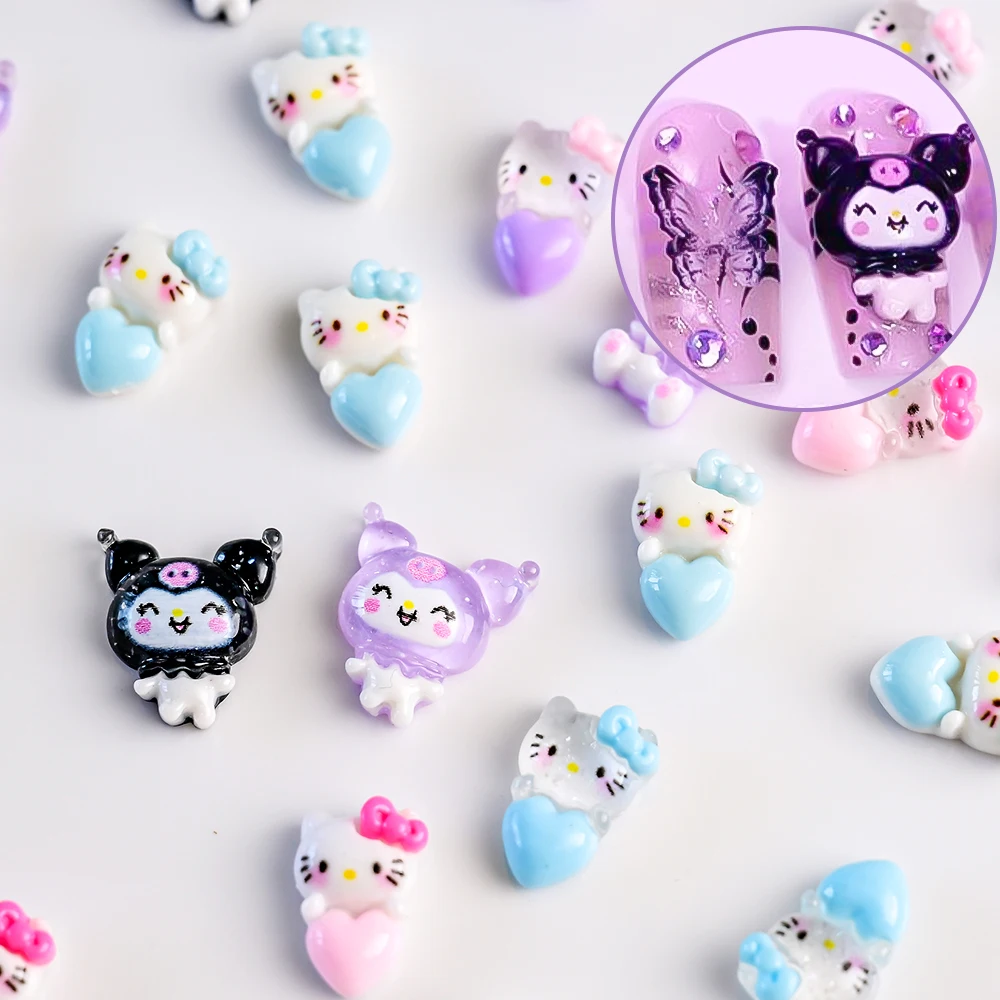 10 шт. Kawaii розовое синее сердце Hello Kitty подвеска для ногтей смола мини-мультфильм Kuromi дизайн ногтей с плоской задней частью горный хрусталь DIY поделки для ногтей
