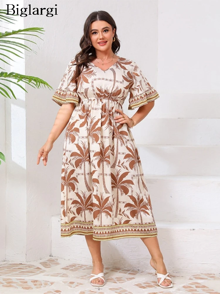 

Летнее платье больших размеров с v-образным вырезом, женское модное тонкое женское платье с цветочным принтом и высокой талией, плиссированное свободное женское платье с рюшами