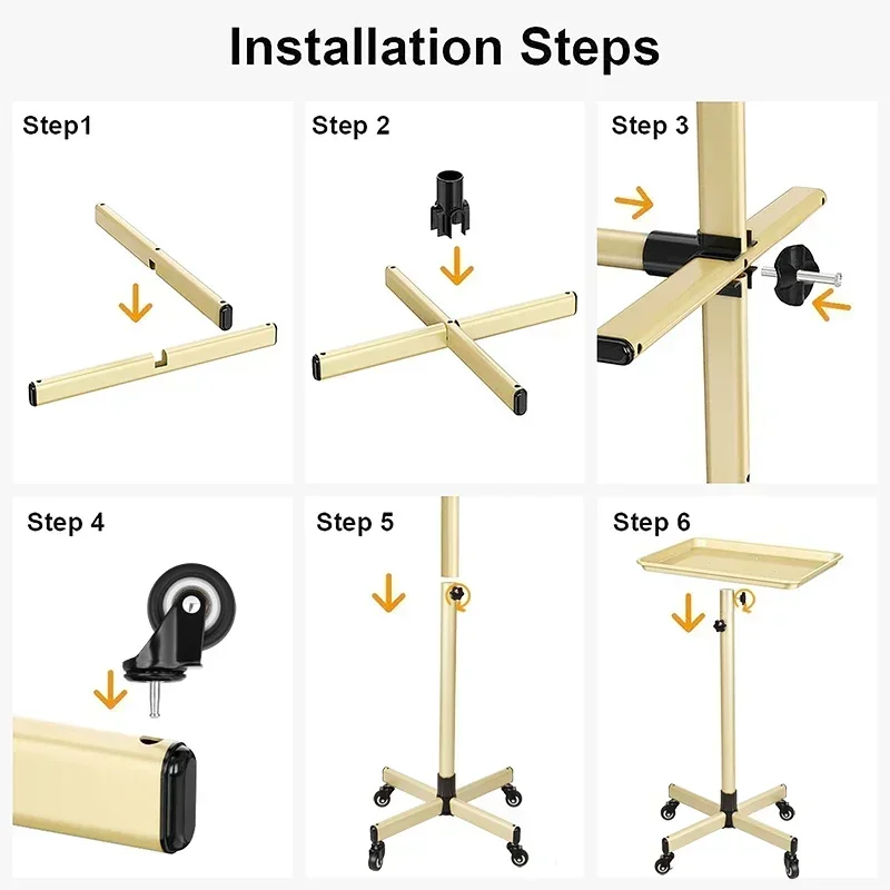 Modern Adjustable Working Trolleys Hairdressing Tray With Wheels Gold & Black For Hair Salon Barber