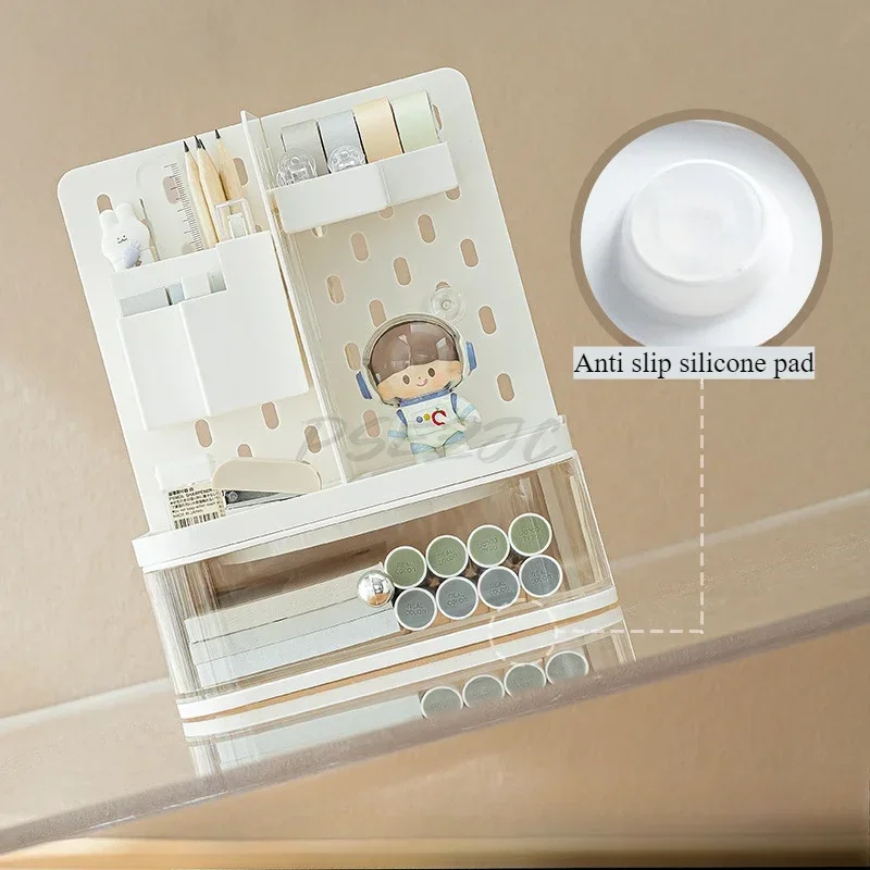 Large Capacity Drawer with Rotatable Hole Board Pen Holder Storage Box Desktop Storage Aesthetic DIY