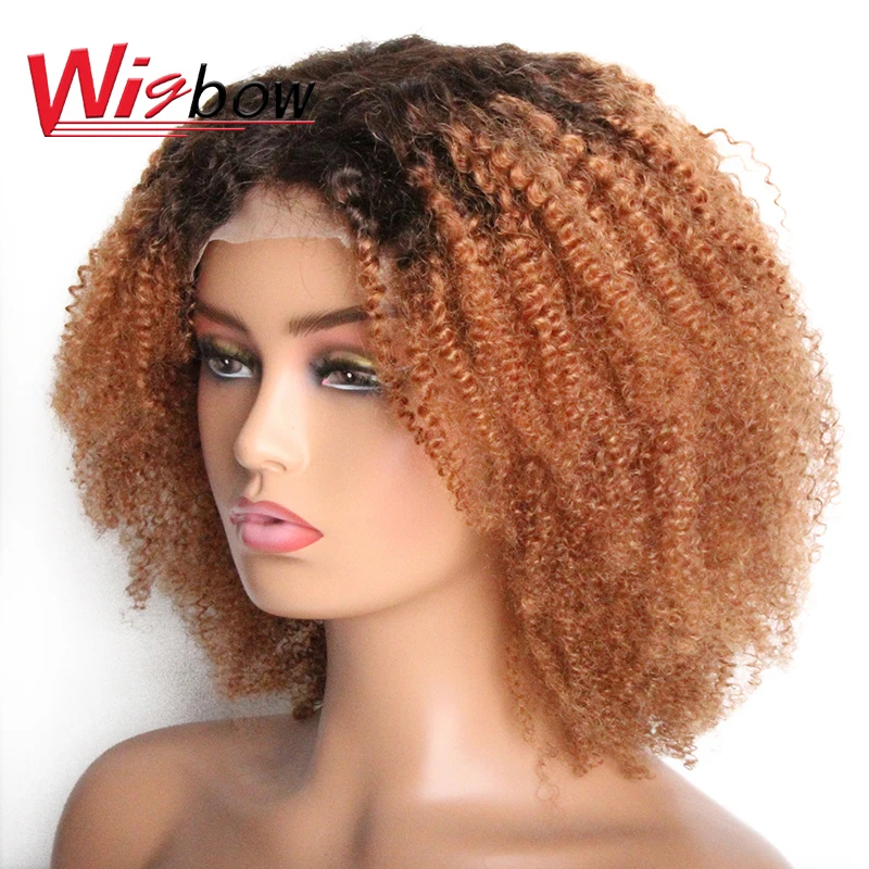 วิกผมเส้นผมมนุษย์แบบ Ombre 4x4สำหรับผู้หญิงผมบราซิลวิกผมหยิกสั้นของมนุษย์วิกผมคอสเพลย์ส่วนกลางพร้อม T1B ที่ดึงออกมาล่วงหน้า/27/30