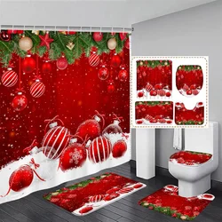 Red Christmas Shower Curtain Set Green Pine Branches Rope Ball Winter New Year Xmas Bathroom Decor Rug Bath Mat Toilet Lid Cover