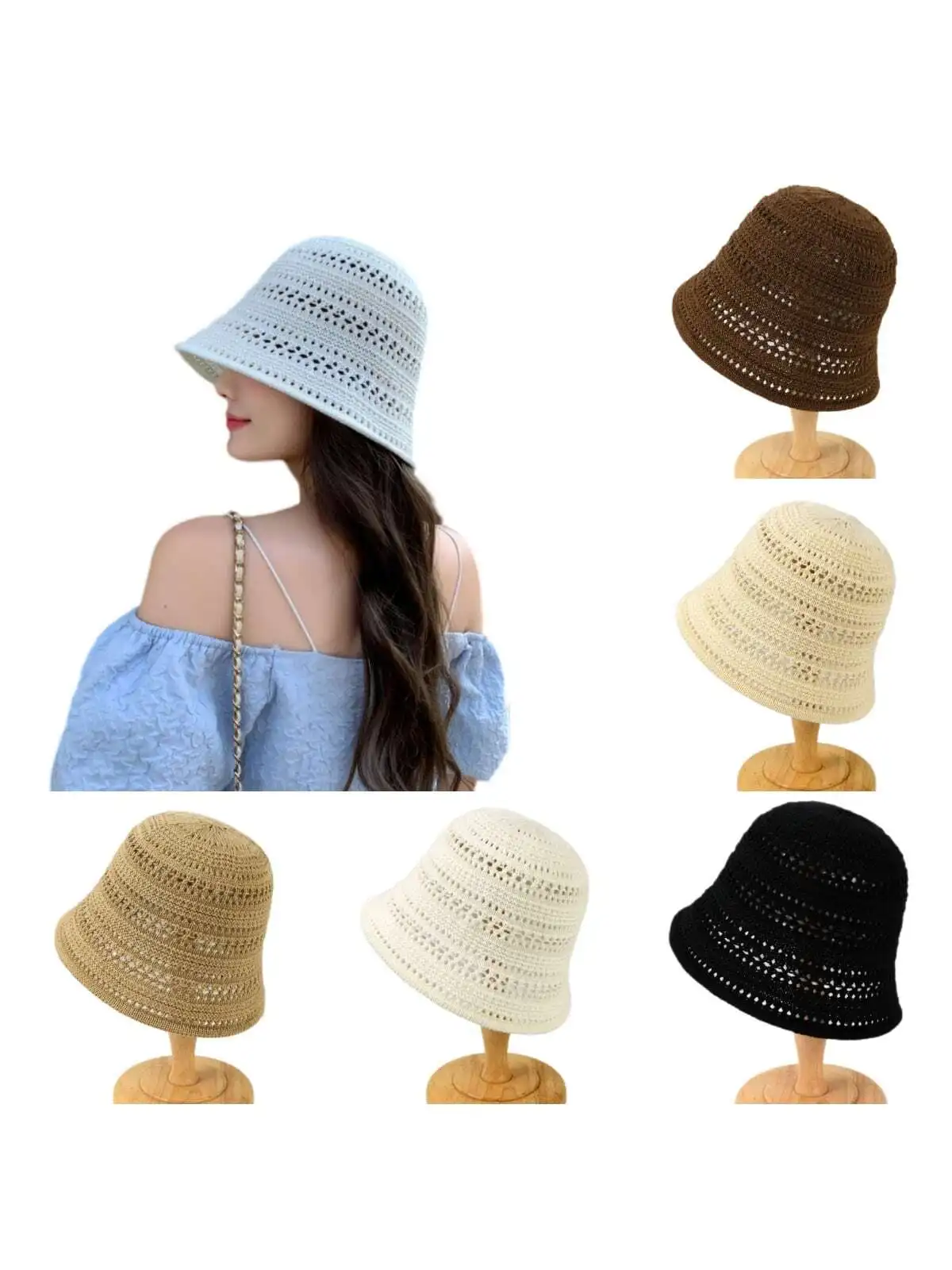 Sommermode, ausgehöhlter, gewebter Fischerhut für Damen, Outdoor-Strickmütze zum Abnehmen des Gesichts mit breiter Krempe, lässiger, vielseitiger Sonnenhut