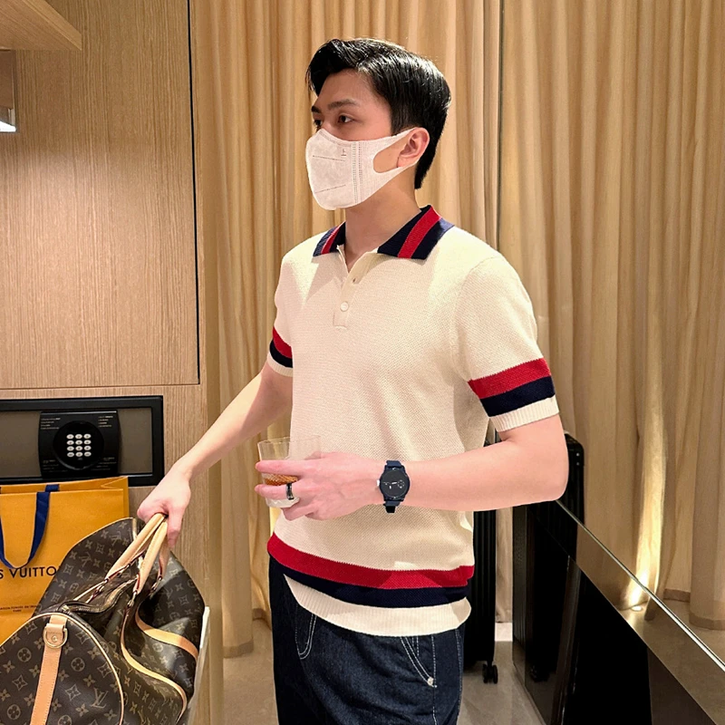 2025 Summer New Clothes Men Short-sleeved Knitted T-shirt Men's Slim Fit Thin Tops Tees Men Contrast Color Polo Shirts F103