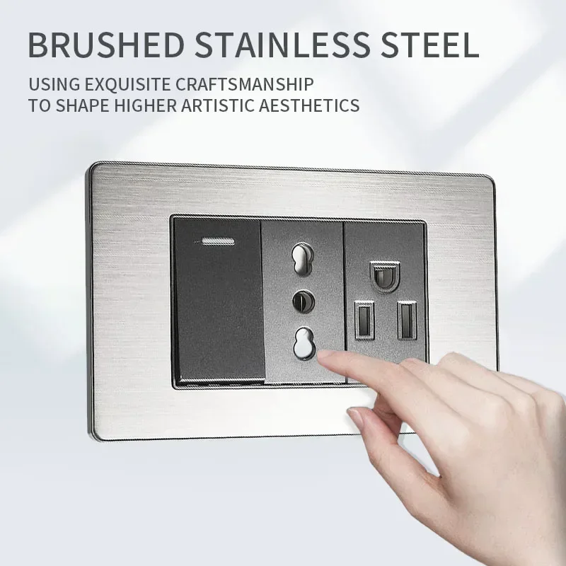 Schuko-Compatible Italian Design Socket 118x75mm - Stainless Steel with USB-C & CL Plug Support​ for Latin America Home Upgrade​