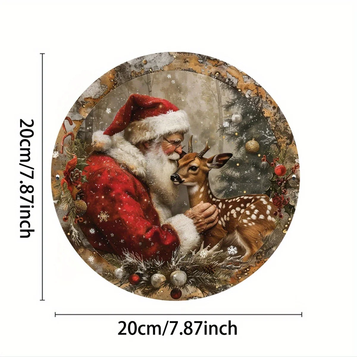 A Warm Embrace Between Santa Claus And a Reindeer on a Round Vintage Metal Aluminum Sign, The Perfect Choice for Christmas Decor