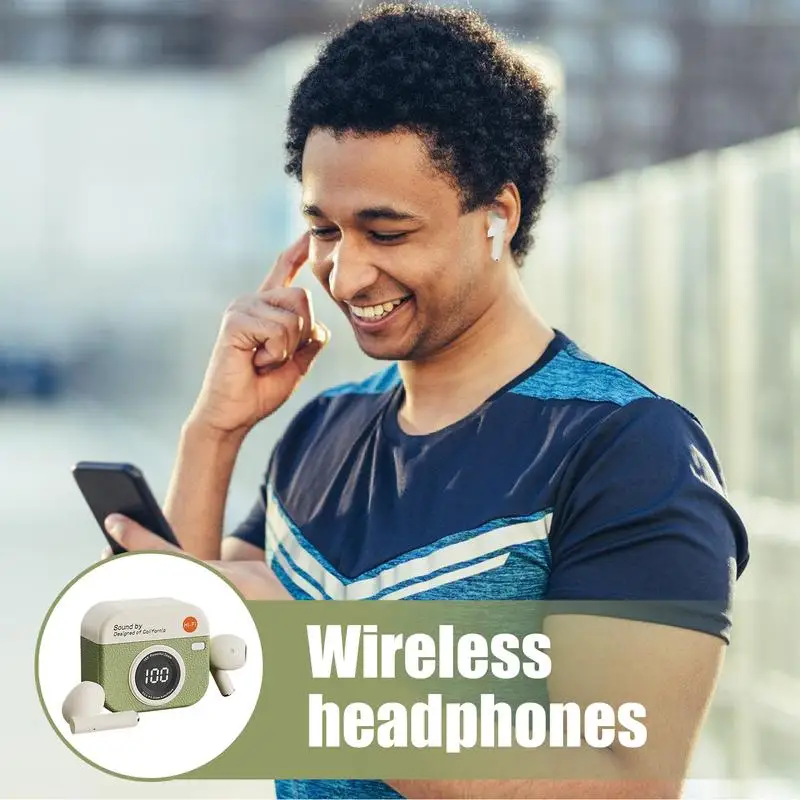 Sport Earbuds Compact Wireless Semi In-Ear Earphone Noise Cancelling Camera Charging Case Long Battery Life Earbuds For Adults